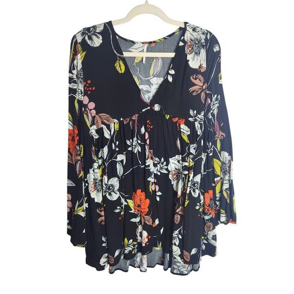 Free People Bella Print Tunic Black Floral Sz M Babydoll Romantic Boho peasant - Picture 1 of 7